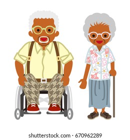 Senior couple -african,Wheelchair grandpa worn Eyeglasses