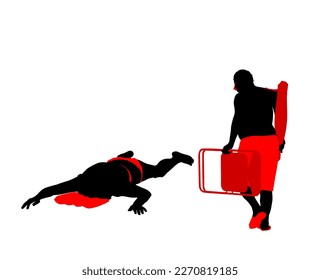 La playa de las parejas mayores disfruta de la silueta vectorial. Una mujer madura yace bajo el sol después de nadar. Turista en ropa de baño en bikini. Cuidado de la piel. Hombre mayor con silla de playa y alfombra. Los abuelos lo disfrutan.