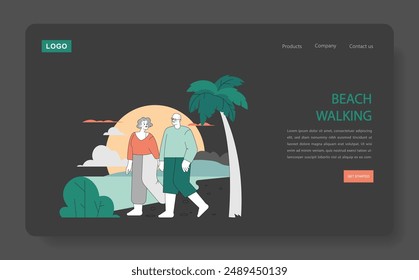 Senior Couple Beach Walk concept. An elderly pair enjoys a serene sunset stroll by the sea, surrounded by tropical nature. Leisure, health, and companionship. Vector illustration.