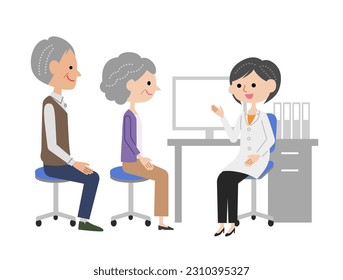 Senior couple being briefed by a female doctor in the examination room