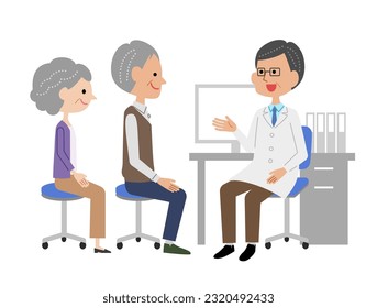 Senior couple being briefed by a male doctor in the examination room.