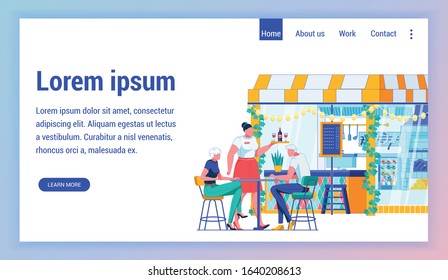 Senior Couple in Cafe Flat Landing Page Template. Elderly Wife and Husband Cartoon Characters at Restaurant. Retired Grandmother and Grandfather at Coffee House Website Homepage Layout