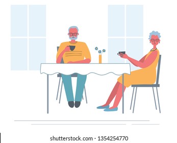 Senior couple in the cafe. Old lady and old man are sitting at the table and drinking tea. Funky flat style. Vector illustration in yellow and blue colors.