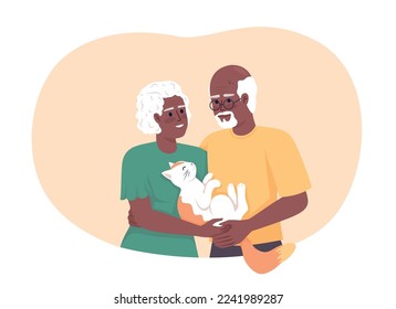 Senior couple with cat 2D vector isolated illustration. Long time together. Happy retirement life flat characters on cartoon background. Colorful editable scene for mobile, website, presentation