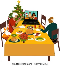 Senior couple celebrating Christmas with their children and grandchildren joining them via video chat, EPS 8 vector illustration