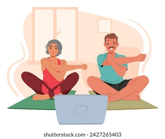 Senior Couple Characters Attentively Watches A Sports Training Video On A Laptop, Embracing Modern Technology To Stay Active And Learn New Skills Fitness Together. Cartoon People Vector Illustration