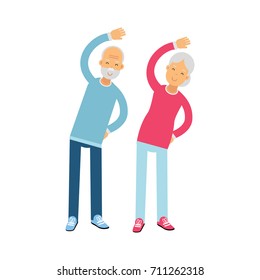 Senior couple characters doing exercises, physical activity benefits for older adults colorful vector Illustration