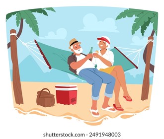 Senior Couple Characters Enjoying Relaxing Moment In Hammock On A Tropical Beach With Palm Trees, A Cooler, And A Beach Bag, Emphasizing Leisure And Vacation Vibes. Cartoon People Vector Illustration