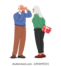 Senior Couple Characters Exchanged Thoughtful Gifts In Heartwarming Scene, Their Eyes Twinkling With Love And Joy, Creating Cherished Moments That Transcended The Passage Of Time. Vector Illustration