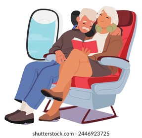 Senior Couple Characters Nestled Together On Plane, Finds Comfort With Soft Neck Pillows Cradling Their Heads, Old Man and Woman Sleep with Peaceful Faces during Journeys. Cartoon Vector Illustration