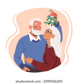 Senior Couple Characters Shares A Heartwarming Kiss Under The Mistletoe, Their Love Enduring Through The Years, Surrounded By Festive Holiday Spirit. Cartoon People Vector Illustration