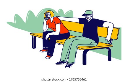 Senior Couple Characters Sitting Together on Bench at Nature Landscape Background. Elderly People Walk Outdoor, Family Love, Sparetime. Old Man and Woman Loving Relation. Linear Vector Illustration