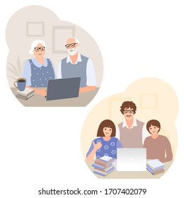 Senior couple chat with grandchildren. Studying computer by elderly people concept. Remotely education. Online studying. Active social life. Support talk Online communication.  Online shopping. Vector