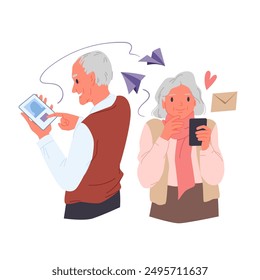 Senior couple chat on social media, elder community. Elderly man and woman holding smartphones to send SMS messages, heart emoji and pictures to family and friends cartoon vector illustration