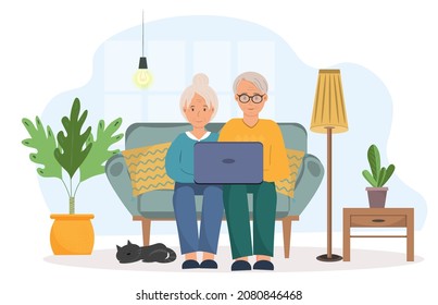 Senior couple chatting wiyh their family by online video call, stay home concepts, flat vector illustration
