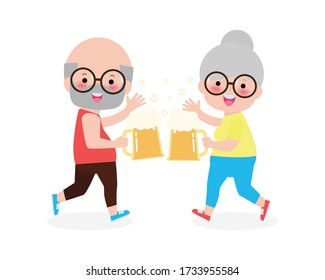senior couple are clinking mug of Beer, Elderly Holding glasses of Beer. leisure and drinks concept Happy international beer day isolated on white background. friday party Vector illustration flat