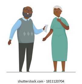 Senior couple - colorful flat design style illustration with cartoon characters. Retired African American people, man holding a prescription, surprised woman. Elderly people care and support idea