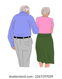 Senior couple colorful Vector drawing on white.