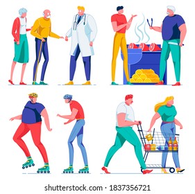 Senior Couple Coming to Visit Doctor Flat Catoon Vector Illustration. Two Friends Grilling Meat, Barbecue. Boys or Men Rollerskating in Helmet. Wife and Husband Going Shopping with Trolley or Cart.