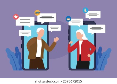 Senior Couple Communicating Online via Smartphones 2d flat vector illustrations