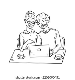 Senior couple with computer vector illustration. Old man and woman, elderly family couple, people in age happy using laptop notebook gadget in doodle style