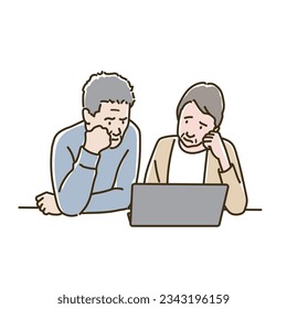 Senior couple confused while looking at a computer,　Vector Illustration