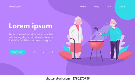 Senior couple cooking BBQ meat in garden. Old man with cane and spatula grilling steaks flat vector illustration. Leisure, summer, food concept for banner, website design or landing web page