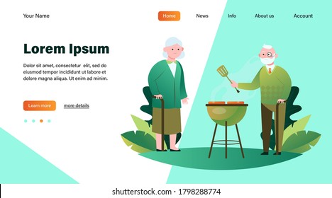 Senior Couple Cooking BBQ Meat In Garden. Old Man With Cane And Spatula Grilling Steaks Flat Vector Illustration. Leisure, Summer, Food Concept For Banner, Website Design Or Landing Web Page