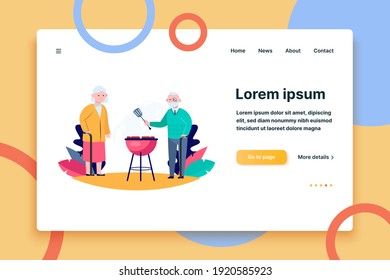 Senior Couple Cooking BBQ Meat In Garden. Old Man With Cane And Spatula Grilling Steaks Flat Vector Illustration. Leisure, Summer, Food Concept For Banner, Website Design Or Landing Web Page