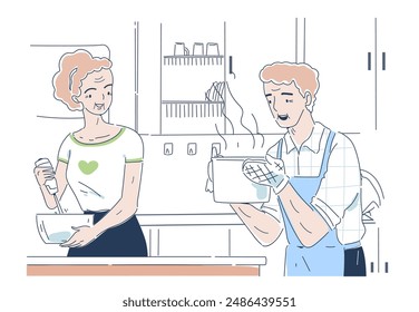Senior couple cooking. Elderly man and woman in kitchen with saucepan. Routine and household chores. Elderly couple preparing delicious lunch. Linear vector illustration isolated on white background