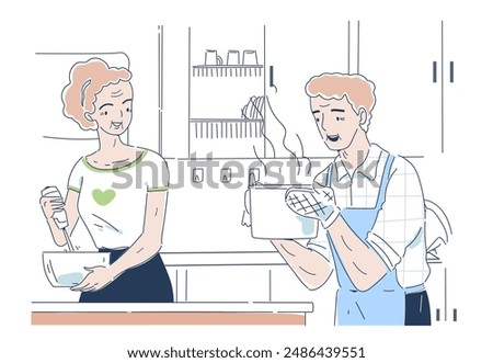 Senior couple cooking. Elderly man and woman in kitchen with saucepan. Routine and household chores. Elderly couple preparing delicious lunch. Linear vector illustration isolated on white background