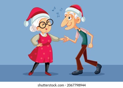 
Senior Couple Dancing Celebrating Christmas Vector Illustration. Grandma and grandpa having fun celebrating winter holidays
