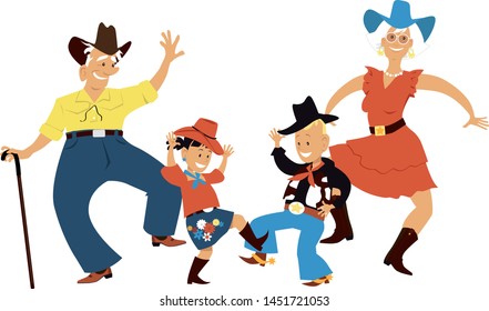 Senior couple dancing country western dance with their grandchildren, EPS 8 vector illustration