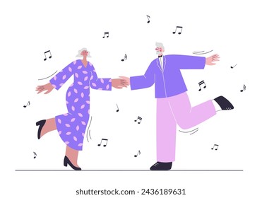 Senior couple dancing. Elderly people on a date. Old man and woman dance and have fun. Vector illustration of romantic date