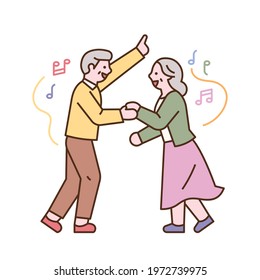 The senior couple is dancing happily. flat design style minimal vector illustration.