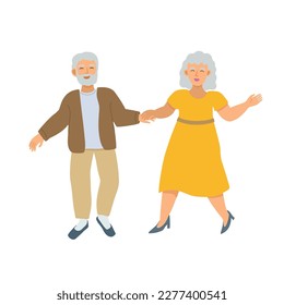 Senior Paar tanzt. Fröhliche alte Männer und Frauen in gelbem Kleid. Ältere Menschen romantisches Konzept, Ehepaare, die beim Tanzen Händchen halten. Alte Mann und Frau lieben, Cartoon, Vektorgrafik.