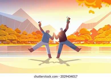 Senior Couple Dancing At Lake Beach Old African American Man And Woman Having Fun Active Old Age Concept