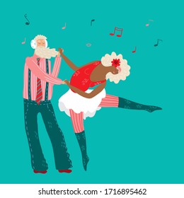 Senior couple dancing to music, elderly people cartoon characters, happy retirement vector illustration. Old man and woman dancers, romantic elderly couple. Hand drawn senior people dance together