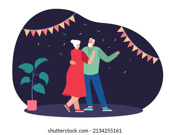 Senior couple dancing at night party flat vector illustration. Funny old active people spending time together, having fun and enjoying life. Confetti in background. Love, entertainment concept