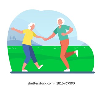 Senior couple dancing outdoors. Old man and woman dancing rock-n-roll flat vector illustration. Active lifestyle, leisure time together concept for banner, website design or landing web page