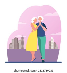 Senior Couple Dancing Outside. Old Man And Woman Holding Hands And Embracing Flat Vector Illustration. Love, Relationship, Elderly Age Concept For Banner, Website Design Or Landing Web Page