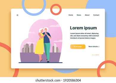 Senior Couple Dancing Outside. Old Man And Woman Holding Hands And Embracing Flat Vector Illustration. Love, Relationship, Elderly Age Concept For Banner, Website Design Or Landing Web Page