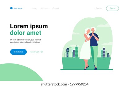 Senior Couple Dancing Outside. Old Man And Woman Holding Hands And Embracing Flat Vector Illustration. Love, Relationship, Elderly Age Concept For Banner, Website Design Or Landing Web Page