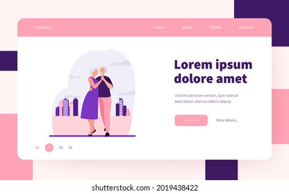 Senior Couple Dancing Outside. Old Man And Woman Holding Hands And Embracing Flat Vector Illustration. Love, Relationship, Elderly Age Concept For Banner, Website Design Or Landing Web Page