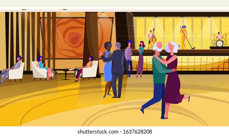 Senior couple dancing in party. Live music, singer, festive event flat vector illustration. Celebration, entertainment, age concept for banner, website design or landing web page