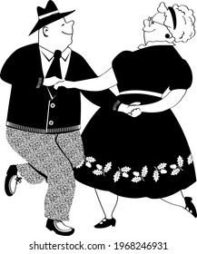 Senior Couple Dancing Polka, EPS 8 Black Vector Silhouette, No White Objects