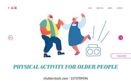 Senior Couple Dancing Website Landing Page. Elderly People Active Lifestyle, Old Stylish Man and Woman Spend Time Together Having Disco Leisure Relax Web Page Banner. Cartoon Flat Vector Illustration