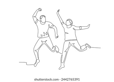 Senior couple dancing while jumping.Seniors Community one-line drawing