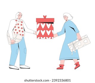 Senior couple dating. Valentine's Day gift exchange. Married woman and man giving and receiving presents. Love holiday celebration. February 14. Vector flat outline illustration