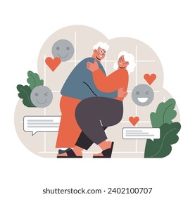 Senior couple, deeply in love, shares an intimate dance, surrounded by emotive digital reactions and messages. Flat vector illustration